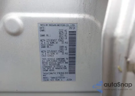 2015 Nissan Rogue Sv из США, поврежденный, VIN 5N1AT2MV7FC769630